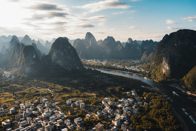 Karst mountains and Li River winding through Guilin landscape