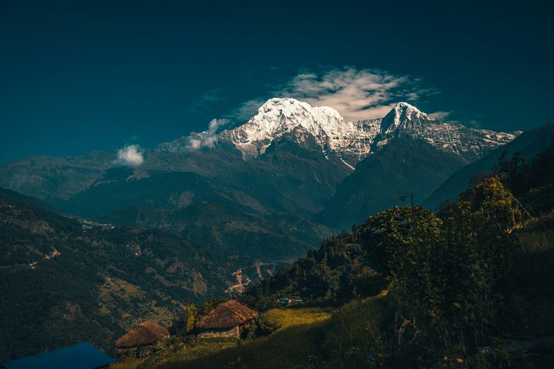 Annapurna mountain range with terraced village in foreground
