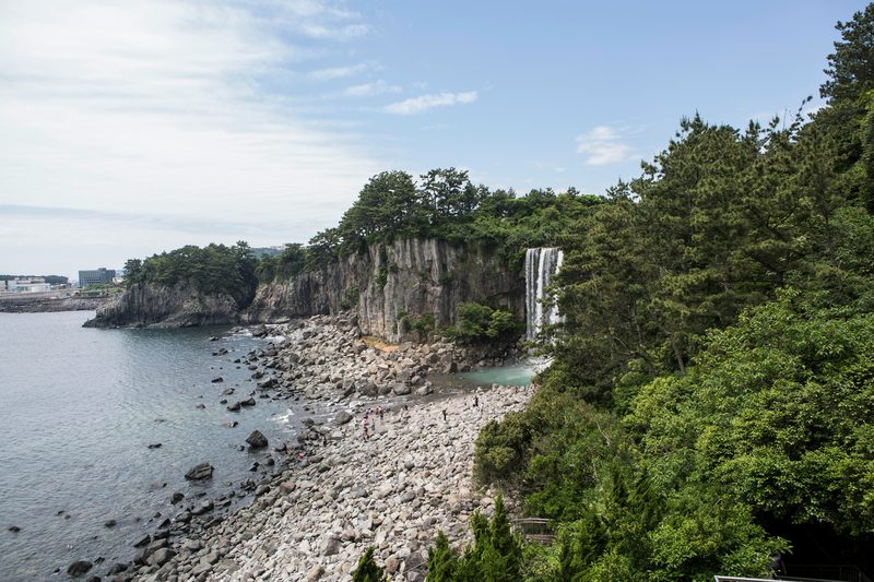 Jeongbang waterfall cascading into the sea on Jeju Island