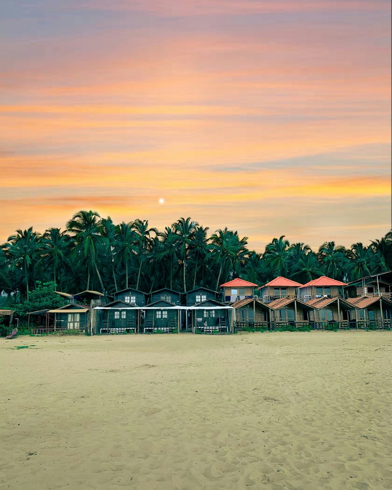 Beach huts beneath palm trees at sunset on a Goa beach