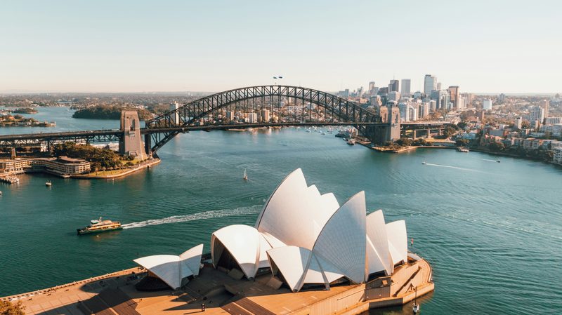 Aerial view of Sydney Opera House and Harbour Bridge