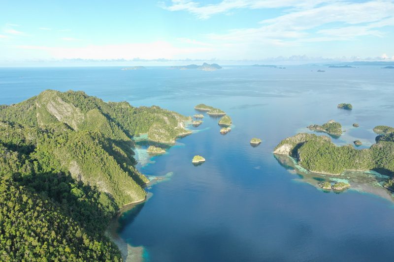 Aerial view of Raja Ampat's lush green islands in deep blue water