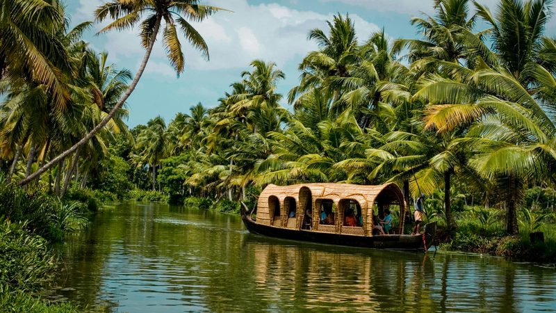 Traditional houseboat gliding through Kerala backwaters lined with palm trees