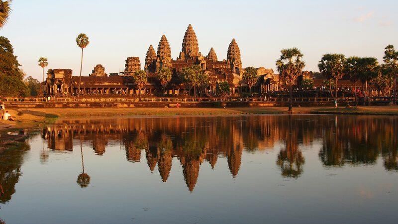 Angkor Wat reflected in water at Siem Reap, Cambodia