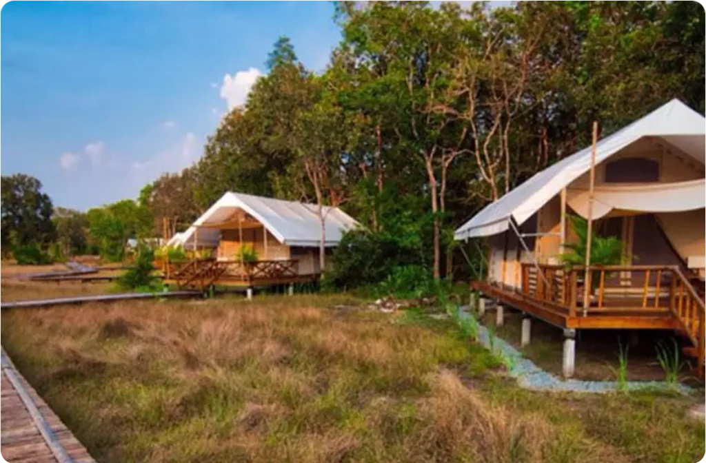 camping cabins in the eco-camp in Botom Sakor National park. Wooden trails minimize the human footprint.