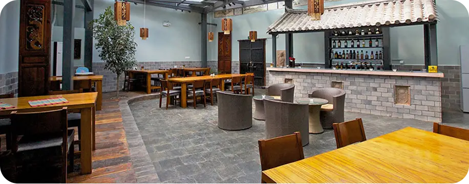 Interior bar area of a hotel, the Linden Center, a restored dynastic-era complex.