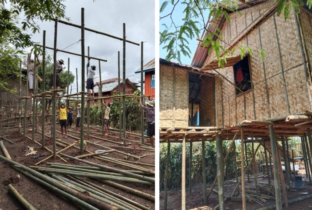 Two photos, side by side. On the left,  a group of men rebuilding a house out of bamboo. On the Right, the finished building.