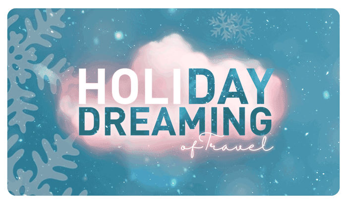 Soft winter-themed graphic with falling snow and the words ‘Holiday Dreaming of Travel.