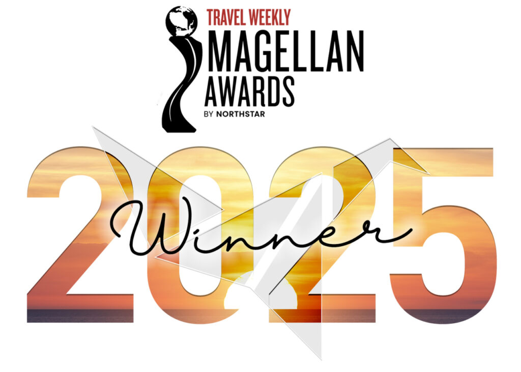 Travel Weekly Magellan Awards 2025 winner graphic featuring the Magellan trophy logo and large gold ‘2025 Winner’ text over a sunset background.