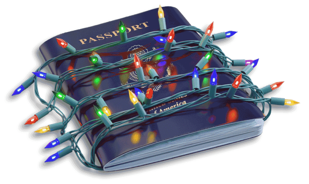 Passport wrapped in colorful holiday string lights.
