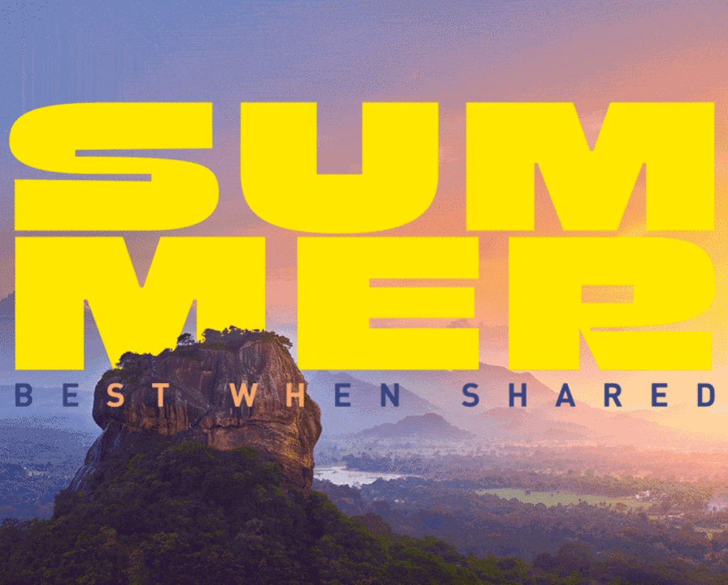 Colorful summer sunset over mountains with the words “Summer Best When Shared”