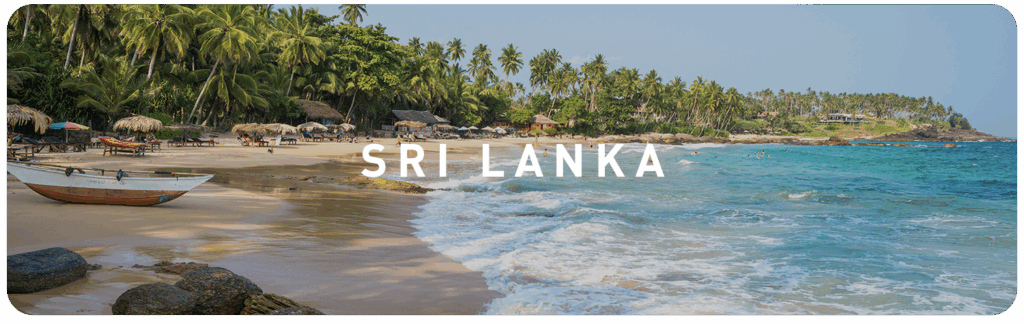 Palm-lined beach with fishing boats in Sri Lanka