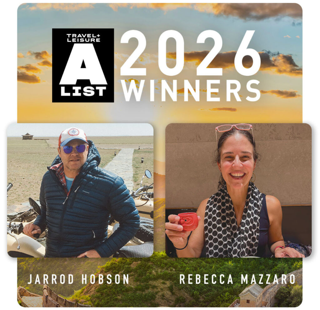 Travel + Leisure A-List 2026 winners Jarrod Hobson and Rebecca Mazzaro, recognized as leading travel specialists, shown in separate portraits beneath the award announcement.