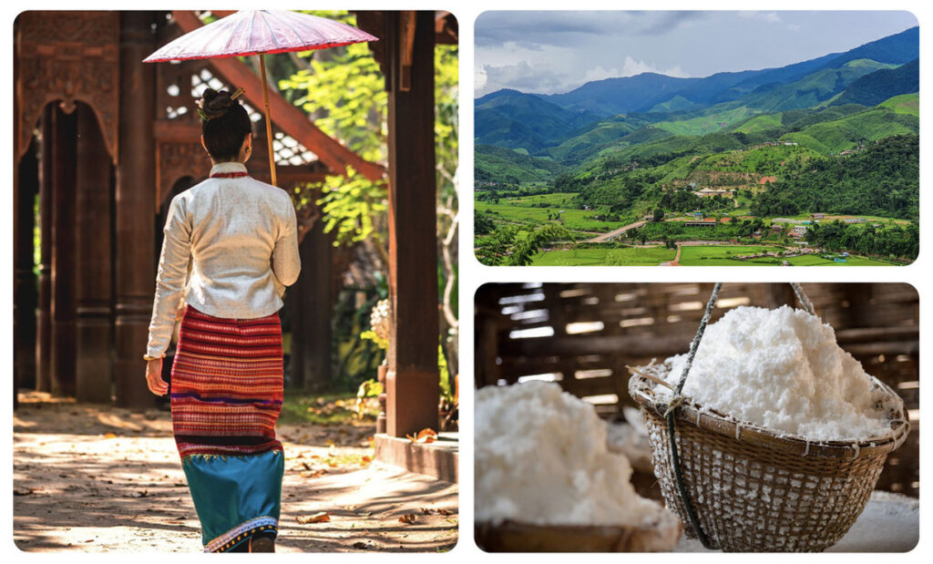 Gallery of photos - Woman in traditional thai clothes, landscape view of green mountains, a heap of rice.