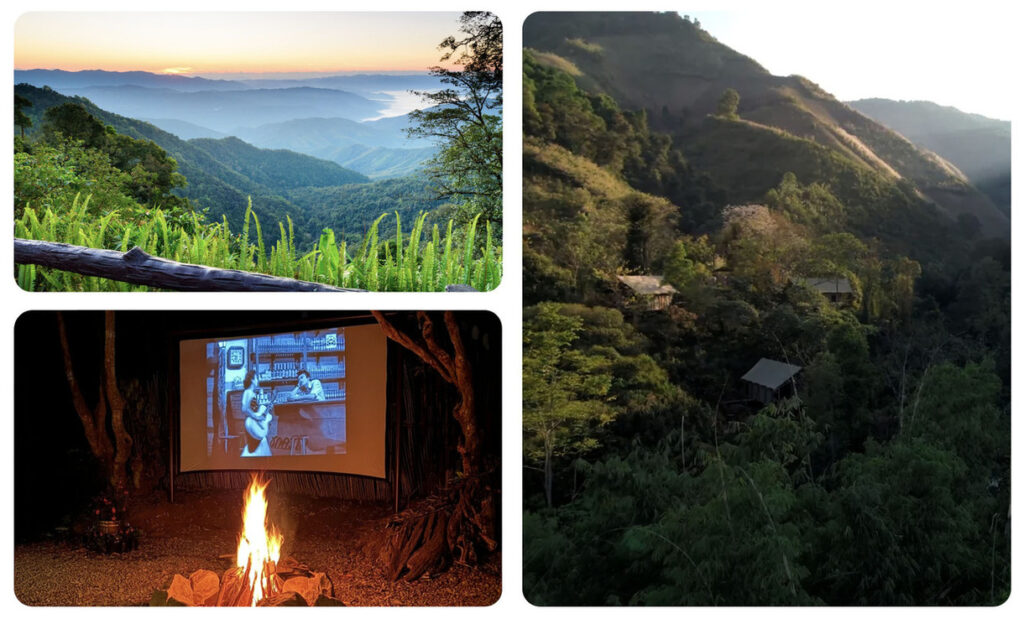 Gallery of photos: Top left shows a morning view of a vast, green landscape. Bottom left, watch a movie by the camp fire. Right, mountainside view of tented luxury camp.