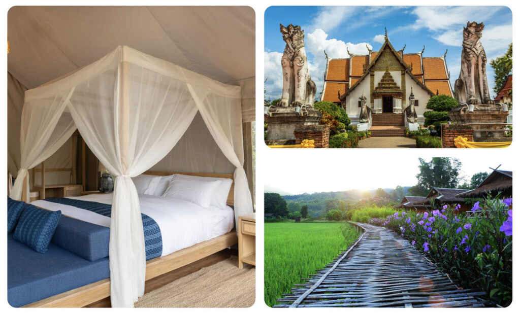 Gallery of photos. Left: Elegant camo canopy bed. Top right: a building traditional Thai architecture. Bottom right: a path among rice paddies, eco tents on the right side of the path.
