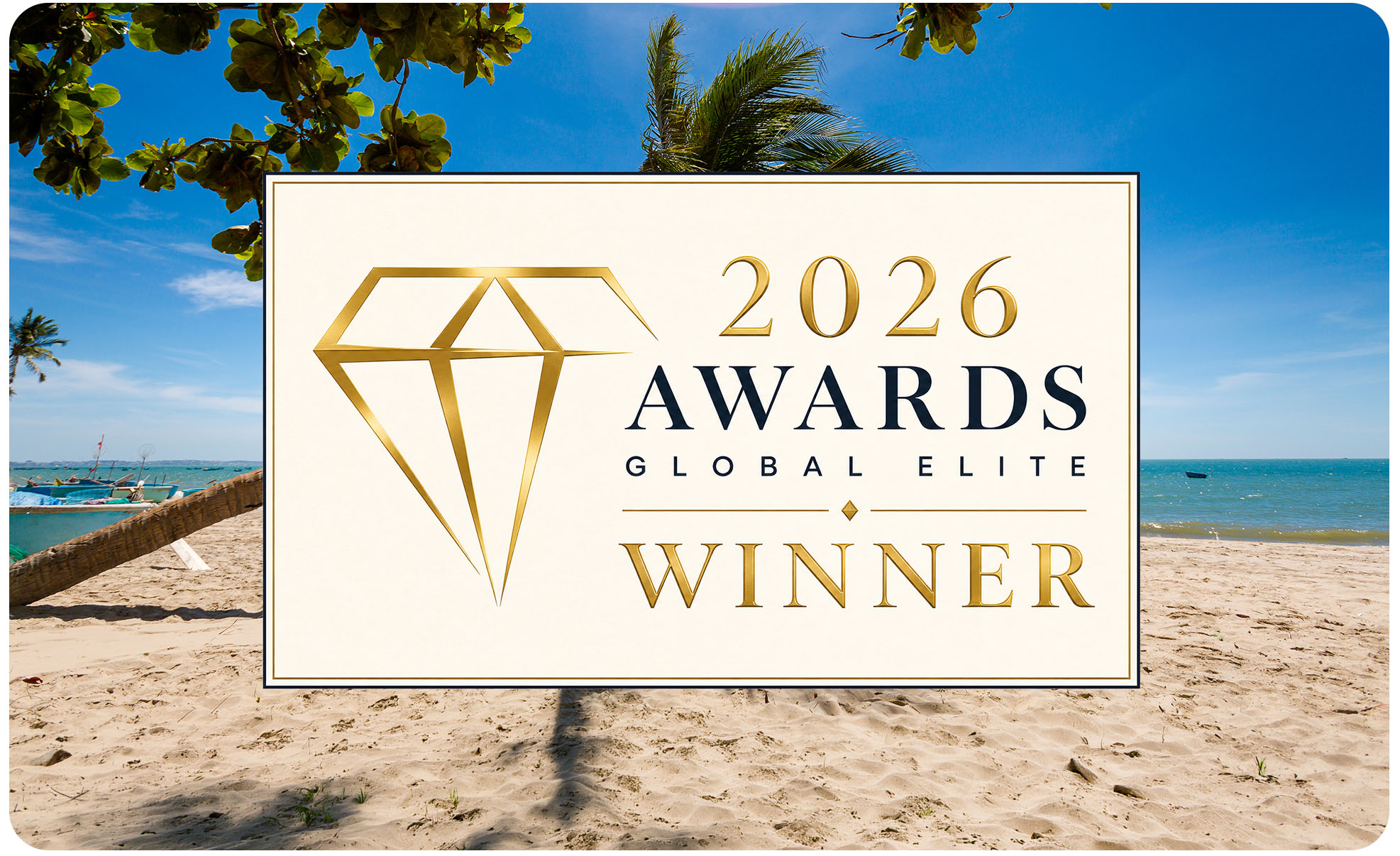 Header image. Clear, blue sky on sandy beach. 2026 Awards Global Elite Winner logo.