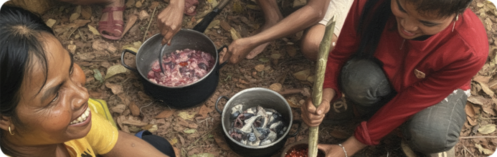 Shows the local Ma Coong people smiling and preparing food.