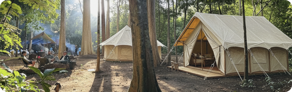 View of Paradise Camp, glamping set in the depths of the forest.