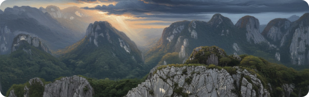 Sunset or sunrise over remote Vietnam landscape, view of limestone karsts